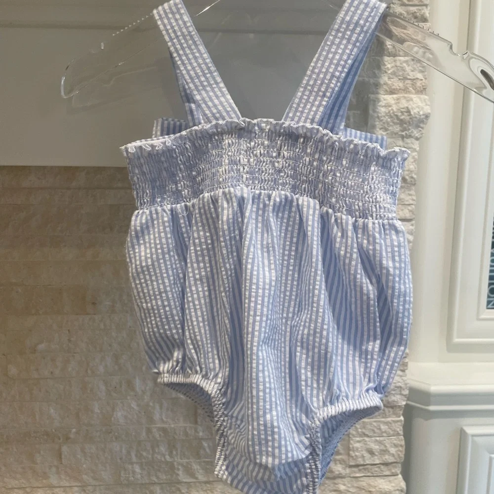 Mudpie blue and White Striped Bow Baby Romper 3-6months
